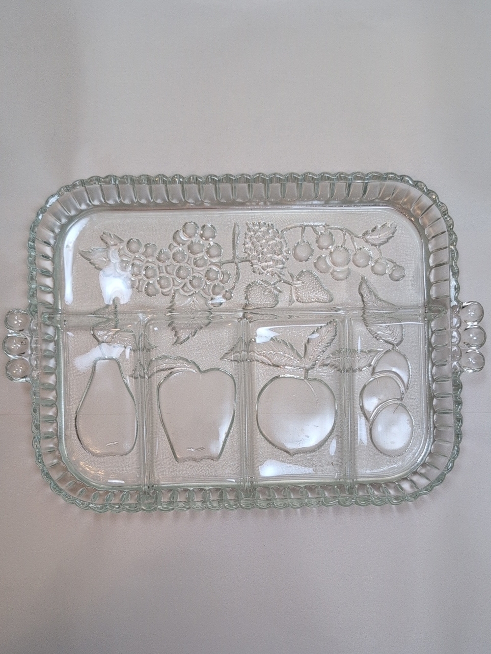 Indiana Glass Clear Glass Divided Serving Tray with Handles Fruit Motif Vintage